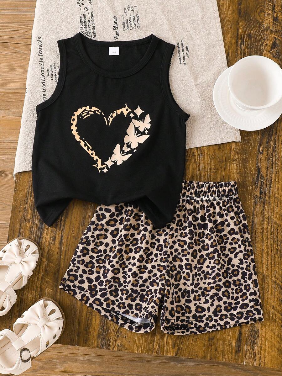 2pcs Girls' Heart & Digital Print Vest Set, Casual Vacation Cooling Summer Outfit - Black - View 1