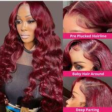 34 Inch #99J Burgundy Lace Front Wigs Blended Human Hair 13x4 HD Transparent Body Wave Lace Front Wigs Human Hair Pre Plucked Human Hair Wigs For Women - SBUG - View 6