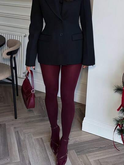 1 Pair Women's Burgundy Matte Velvet Tights, High-Elasticity Vintage Slim-Fit Pantyhose For Daily, Office & Year-Round Wear