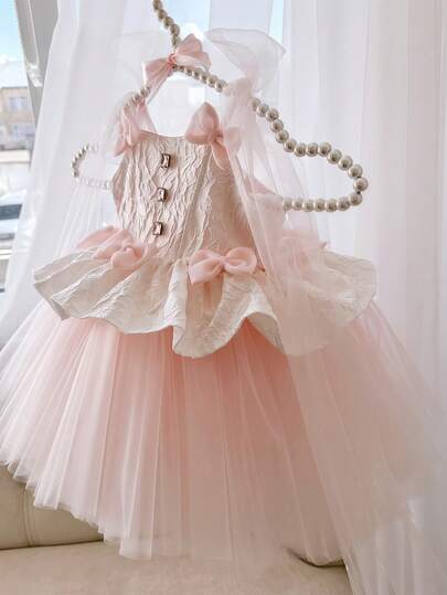 Baby Girls' Pink Bow Tulle Party Dress, Princess Style Outfit Suitable For Birthday Party, Easter, Flower Girl Wedding, Holiday Celebration And Other Important Occasions