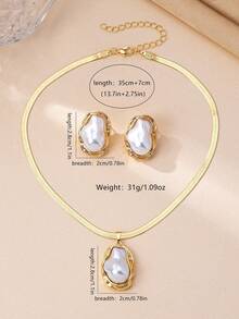 3件套时尚百搭蛇形链不规则珍珠吊坠项链耳环套装，适合少女日常及节日佩戴 - 金黃色 - 查看 4