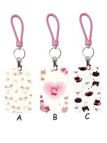 1个ABS粉色绳猫狗图案钥匙扣吊坠，可作包包挂饰、身份证/公交卡/门禁卡夹，适合四季日常使用 - 長方形 - 查看 1