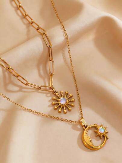 1 Set de 2 piezas de Collares de Acero Inoxidable, Diseño de Doble Capa de Estrella y Luna, Minimalista, Elegante, de Alta Calidad, Adecuado como Regalo para Amigos, Uso Diario, Fiesta, Evento para Mujeres