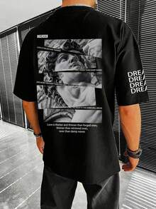 Fractyr Fractyr 男士夏季时尚简约街头雕塑及英文标语印花圆领复古水洗短袖T恤 | 百搭街头休闲T恤，男友礼物 - 黑色 - 查看 2