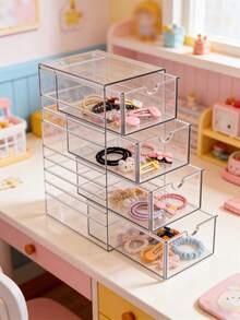 OBOVAY 1pc Multi-Layer Plastic Drawer Type Storage Box, Hair Accessory Organizer Box, Handmade Organizing Box, 4-Layer Transparent Hair Accessory Storage Box, Stackable Bathroom Storage Container. Suitable For Nursery, Bedroom, Kids Room, Jewelry, Cosmetics, Hair Accessories, Fashionable Glasses And Stationery. - Multicolor - View 8