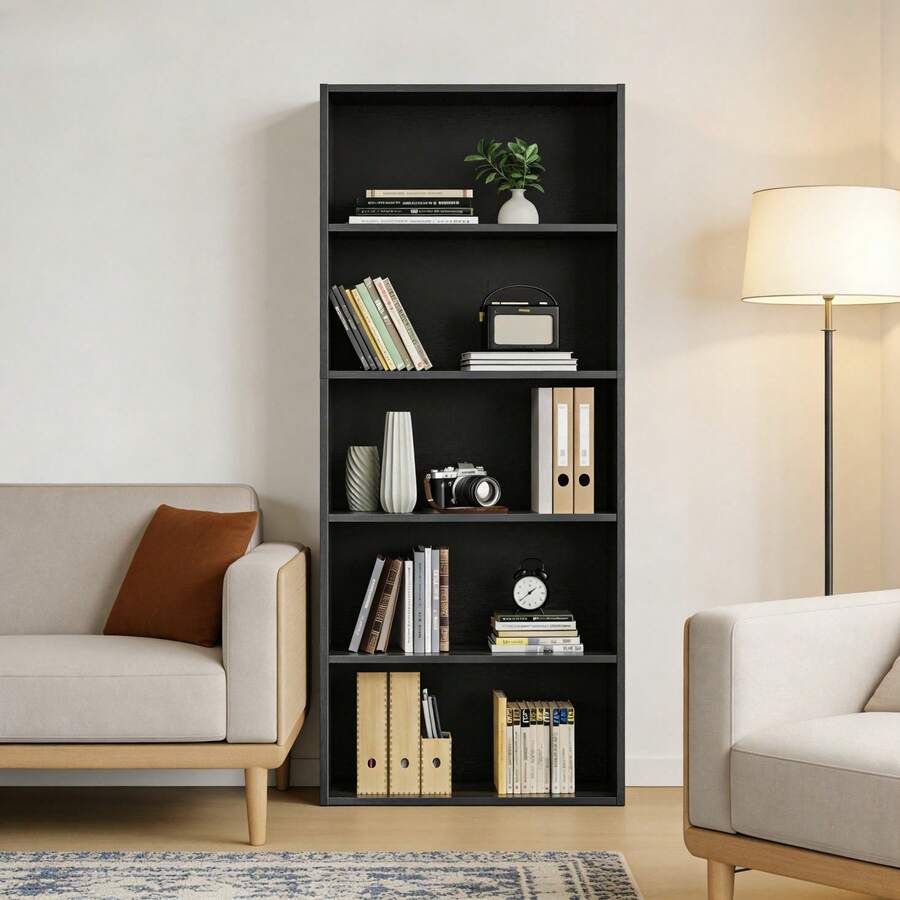 5-Tier Bookshelves With Adjustable Shelves, Floor Standing Bookcase For Home & Office Storage, Black - Black - View 1