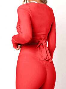 Women Ballet Wrap Top V Neck Solid Long Sleeve Self Tie Dance Shirt Pilates Yoga Tops Y2k Workout Active Blouses Clubwear For Daily Party - 紅色 - 查看 3