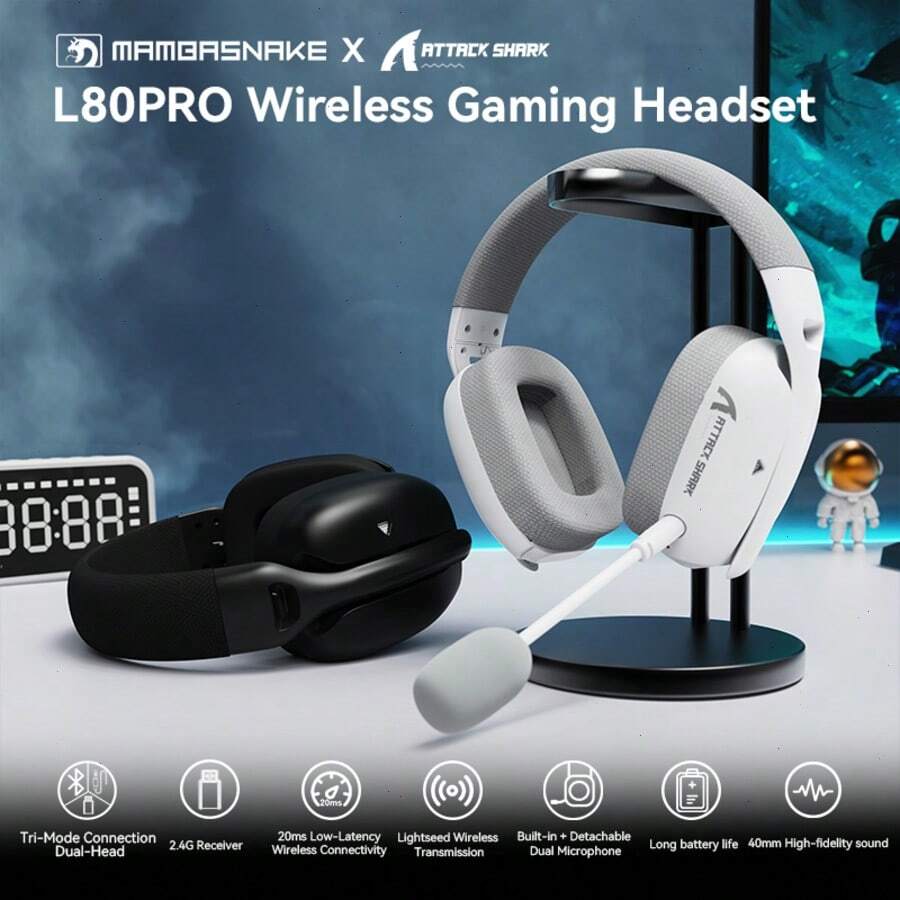 ATTACK SHARK L80PRO Wireless Gaming Headset Lightseed Tech- Built-In&Detachable Dual Microphone-Lightweight Headphone,Tri-Mode(2.4GHz USB C&A Dongle/BT/Wired),300mAh-For PC Switch Win - Multicolor - View 1