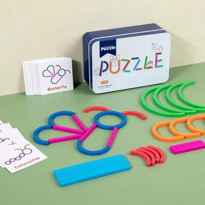 Juego de bloques de construcción de palos y aros de madera creativos para niños, juego de bloques de construcción en caja de hierro para almacenamiento y viaje, adecuado para niños y niñas para desarrollar la imaginación y las habilidades de pensamiento lógico