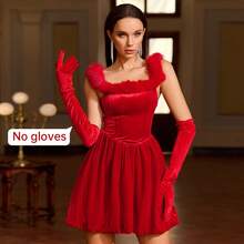 Women's Casual Crew Neck Fuzzy Sleeveless Dress (Gloves Not Included) - Red - View 1