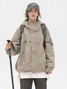 Dam vindtät jacka, vattentät lätt och lös friluftsjacka, långärmad huva, vårkläder - Kaki - Visa 3