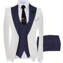 A Three-Piece Suit For Groomsmen, Featuring A Slim Fit Tuxedo Ideal For Wedding Dances, Includes A Stylish Jacket, Trousers, Vest, Tie, Tie Clip, Handkerchief, Two Cufflinks, A Boutonniere, And A Brooch For Formal Occasions - Màu xanh hải quân - Xem 1