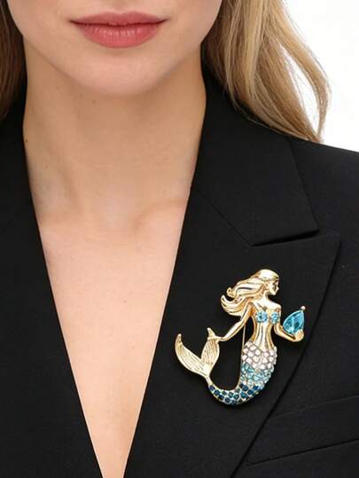 1pc Beautiful Mermaid Girl Holding A Rhineston Conch Brooches Crystal Tail Pins Jewelry Accessory Gift For Kid And Lover