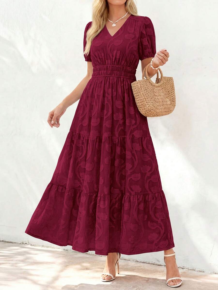 Women's Boho Maxi Dress, Summer Short Sleeve V-Neck Floral Flowy A-Line Long Dress, Formal For Wedding Guest & Baby Shower - 酒紅色 - 查看 1