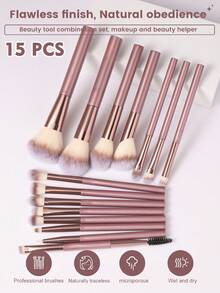 18PCS Pro-Grade Makeup Brush & Puff Set: 15PCS Dense Blending Brushes + 2PCS Multi-Shaped Sponges + 1pc Precision Circular Puff – Perfect For Daily Makeup & Touch-Ups - Pink - View 2
