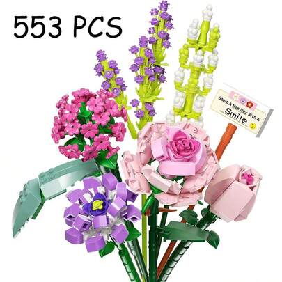 花束积木套装，迷你积木花束拼装套件，仿真花，DIY独特家居装饰，花朵拼搭玩具套装，母亲节、生日、情人节、周年纪念日的理想礼物，553块积木