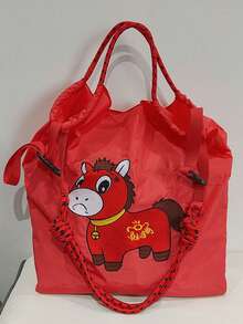 1pc Fashion Versatile Embroidered Cartoon Horse Pattern Tote Bag, Lightweight Commuter Nylon Foldable Bag - Multicolor - View 12