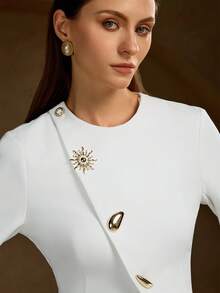 Women's Elegant White Long Sleeve Asymmetrical Hem Blazer With Gold Button Details Regular Fit Woven Fabric - Milky White - View 6