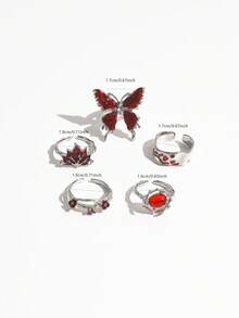 5pcs Gothic Style Red Drip Axis Butterfly Rhinestone Rings Set, Faux Ruby Small Flower Maple Leaf Multi-Element Rings For Women - Silver - View 2