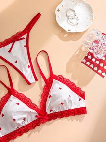 3件套女士蕾丝拼接爱心蝴蝶结性感内衣套装（文胸和内裤） - 彩色 - 查看 7
