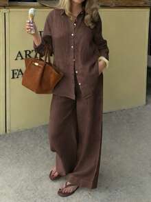 PoPoHouse 女士两件套 - 纯色棉质休闲优雅长袖翻领衬衫上衣搭配宽松阔腿裤，适合日常通勤、休闲旅行、情人节、春夏休闲穿着 - 深棕色 - 查看 5
