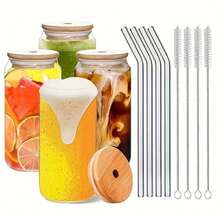 24pcs/Set Glass Cups With Lids And Straws, 16oz Glass Coffee Cups With Lids, Glass Cups With Straws And Lids, Suitable For Family Gatherings, Parties, Weddings And Mother's Day Gifts - Transparent - View 5