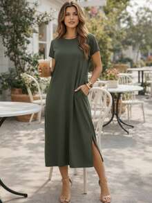 Women's Midi Dress With Pockets Round Neck Everyday Loose Fit - 軍綠色 - 查看 9