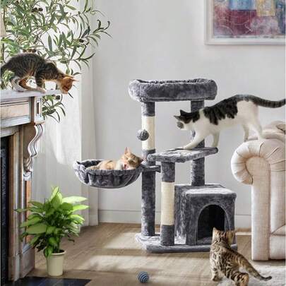 Cat Tree, 34In Cat Tower, Multi-Level Cat Condo with Extra Scratch Boards and Si