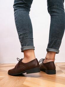 女士圆头系带平底鞋，户外复古休闲鞋 - 銅色 - 查看 5