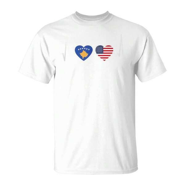 100% Cotton Oversized Printed T-Shirt Unisex, Solid Black White Casual Graphic Tee, Summer Essential Layering Top, S-3XL Kosovo USA Heartbeat Flag Kosovan American Tank Top T-Shirt Unisex