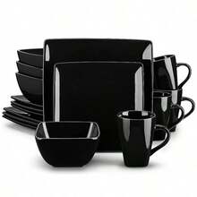 16 Pcs Dinner Set Stoneware Black Plates Bowls Mugs Set Tableware Service For 4 - Black - View 9