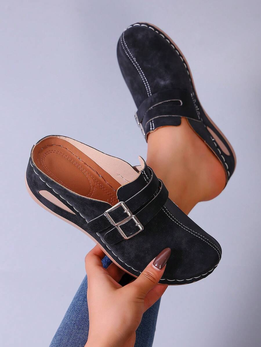 Women's New Round Toe Casual Style Double Buckle Decor Design, Comfortable & Versatile, Black, Retro Platform Slip-On Loafers