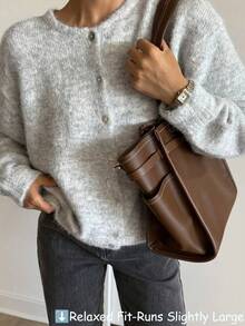 EAVA Vintage Soft Versatile Knit Cardigan For Women, New Autumn/Winter Design, Button Element Round Neck Cardigan, Suitable For Valentine's Day - Grey - View 3