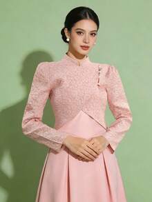 优雅女士立领不对称3D花卉图案传统马来传统服装上衣，粉色衬衫，开斋节服装，开斋节 - 粉色 - 查看 3