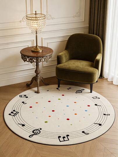 1pc Black & White Musical Notation Bordered Round Rug, Jumping Notes & Treble Clef Decor, Colorful Polka Dots Add Lively Vibe, Soft Plush Material Feels Like Walking On Clouds, Suitable For Bedroom, Study, Or Living Room