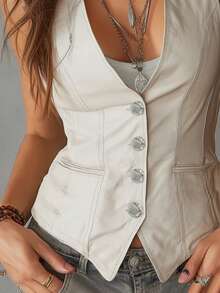 Áo vest nữ cổ chữ V không tay mới về, áo kiểu nữ, áo cardigan cài nút, áo kiểu sành điệu, áo kiểu thanh lịch, áo kiểu thường ngày màu trắng - trắng - Xem 6
