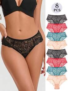 Conjunto de 8 piezas de bragas de mujer con encaje y lazo transparente - Multicolor - Ver 1