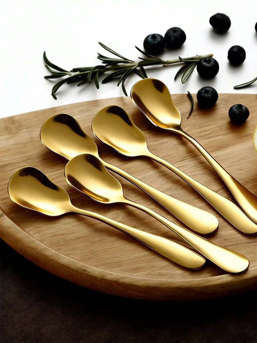 5-10支装不锈钢甜点勺，创意冰淇淋/酸奶/咖啡/布丁勺 - 金色 - 查看 1