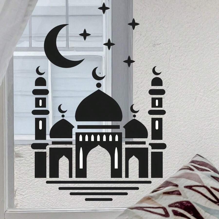 Ramadan Black Castle Window Decor Stickers, Islamic Muslim Wall Stickers Eid Mubarak Ramadan Decor Lantern Moon Star Window Decal Ramadan Decorations For Home Living Room Bedroom Decorations Self Adhesive - Multicolor - View 1