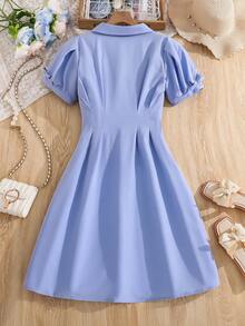 Left Mama Girls' Elegant Bow Collar Short Sleeve Shirt Dress, Summer - Blue - View 2