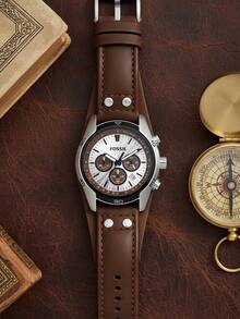 Fossil 男士石英计时腕表，圆形表盘，棕色皮表带，三眼显示，商务休闲风格，适合日常佩戴和作为礼物 - 棕色 - 查看 5