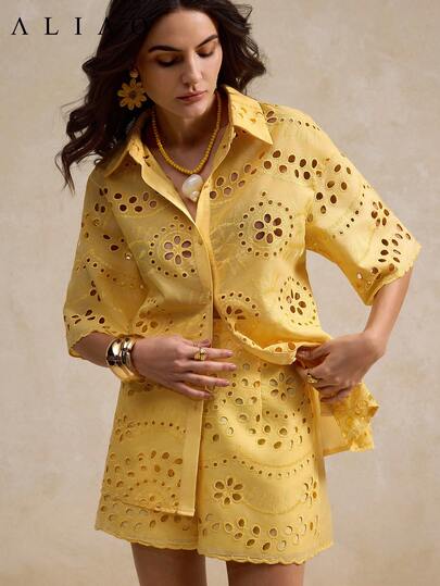 2 pezzi Aliao Elegante set camicia con ricamo e taglio, stile "old money", adatto per San Valentino, matrimoni, occasioni speciali, Capodanno, primavera, estate, vacanze, stile da corte, spiaggia, Ringraziamento, laurea