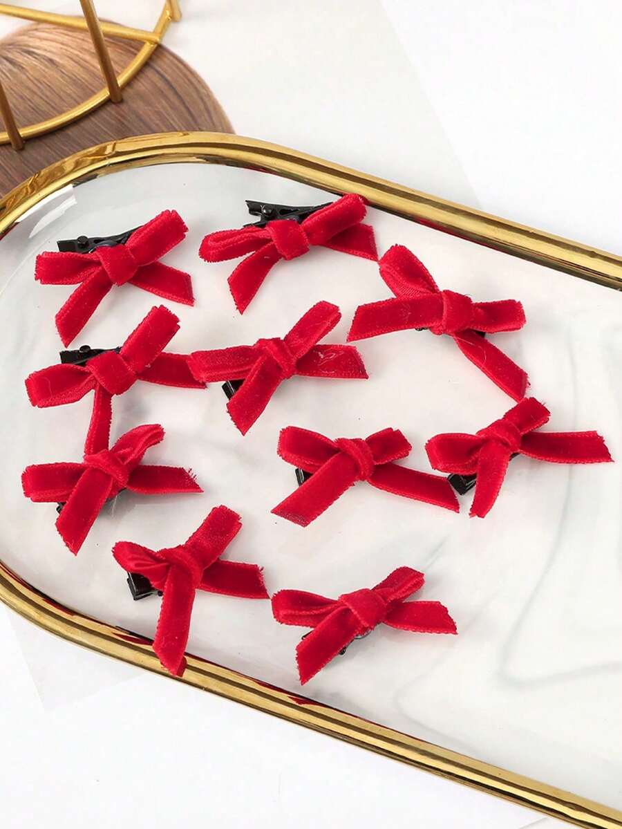 10pcs/Set Women's Bow Hair Clips, Suitable For Daily Outfit, Festivals, Parties, And Events - Red - View 1