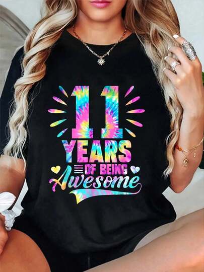 100% Cotton 11th Birthday Gift Idea Tie-Dye 11 Year Of Being Awesome T-Shirt Women's Vintage Relaxed Fit Tee Premium Soft Tops Printing Round Neck Fashion Shirts