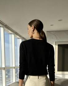 WOMEN'S LONG SLEEVE KNITTING BLOUSE WINTER BASIC ROUND NECK SWEATSHIRT - màu đen - Xem 2