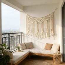 1 pieza Colgante de pared de macramé, tapiz de arte de fibra de estilo bohemio, decoración de pared con flecos, tejido a mano para sala de estar, dormitorio, cabecera - Blanco - Ver 11