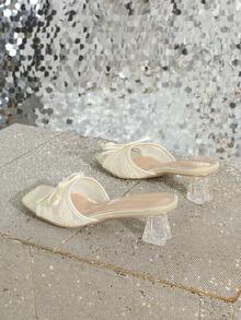 Women's Fashion Mesh Bow Tie Square Toe Apricot High Heel Sandals, Comfortable Casual Vacation Versatile Chunky Heel Slides - Apricot - View 6