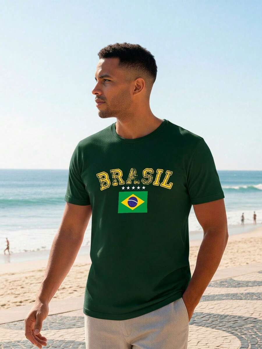 Men's T-Shirt Brazil Casual Streetwear Comfortable 100% Cotton Green Yellow Blue Carnival Summer World Cup - 綠色 - 查看 1