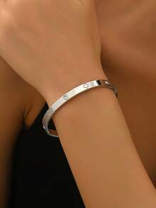 1 pieza Pulsera de acero inoxidable con elemento de trébol de lujo con diamante de imitación, joyería de mujer elegante y exquisita - Plateado - Ver 12