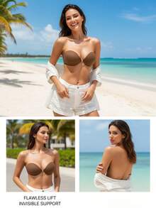 女士棕色/黑色无肩带聚拢文胸，前扣式，针织面料，可重复使用，自带粘性。 - 彩色 - 查看 8